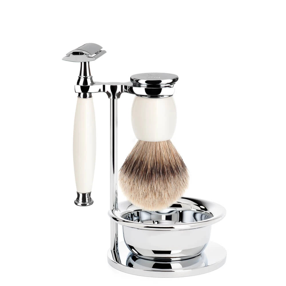 Shaving set with DE razor, shaving brush, holder and bowl, Sophist, Porcelain