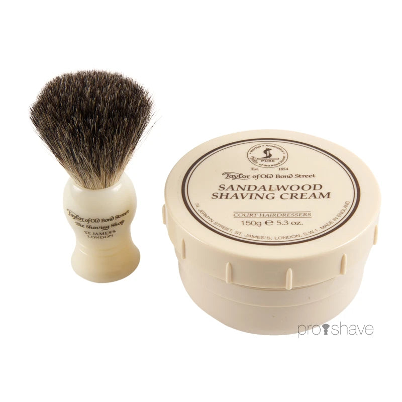 Gift box with Pure Badger Shaving Brush and Shaving Cream, Sandalwood