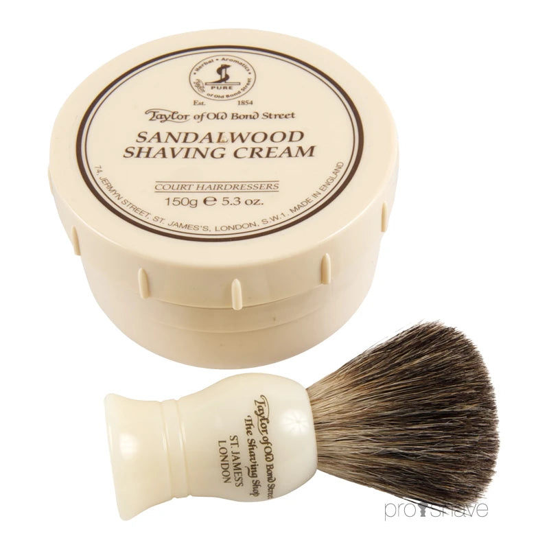 Gift box with Pure Badger Shaving Brush and Shaving Cream, Sandalwood
