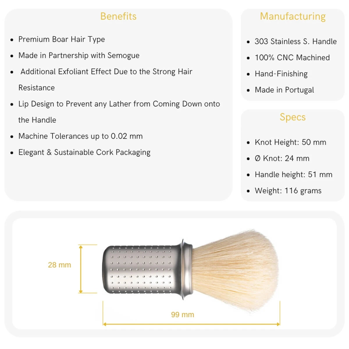 Premium Boar Shaving Brush, Stainless steel - Matte