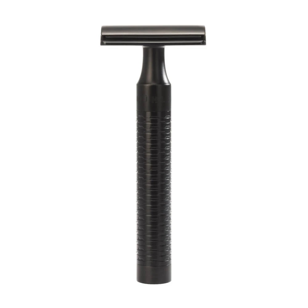 Shaving kit with DE razor, Fibre Shaving Brush and Holder, Rocca, Black stainless steel
