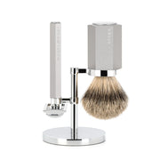Mark Braun Shaving Kit with DE razor, Silvertip Shaving Brush and Holder, Hexagon, Silver Aluminum