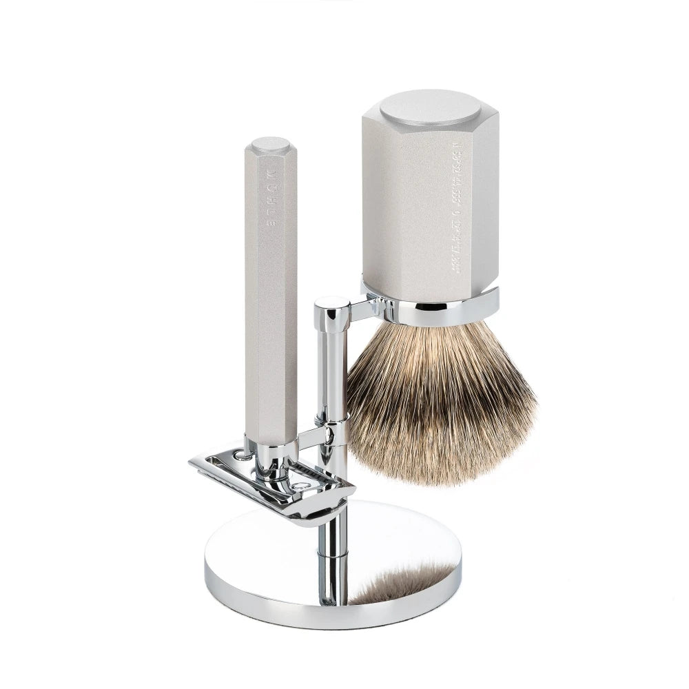 Mark Braun Shaving Kit with DE razor, Silvertip Shaving Brush and Holder, Hexagon, Silver Aluminum