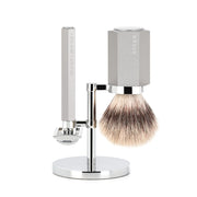 Mark Braun Shaving Kit with DE razor, Shaving Brush and Holder, Hexagon, Silver Aluminum