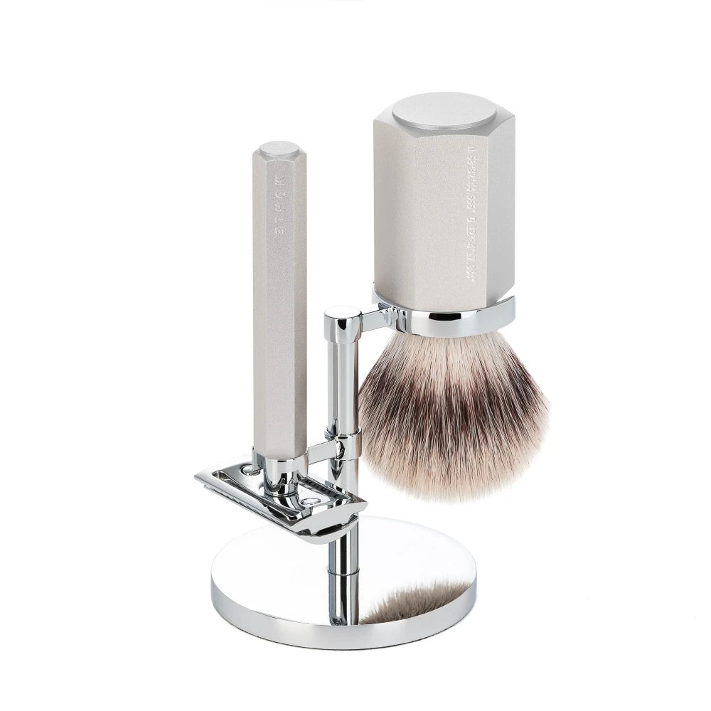 Mark Braun Shaving Kit with DE razor, Shaving Brush and Holder, Hexagon, Silver Aluminum