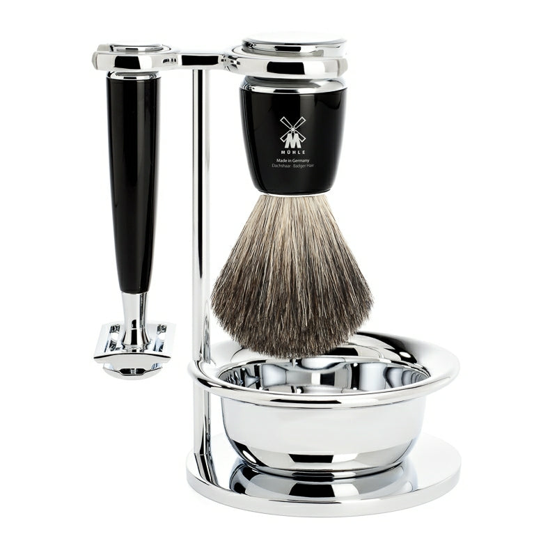 Shaving set with DE razor, Shaving Brush, Holder and Bowl, Rytmo, Black Resin