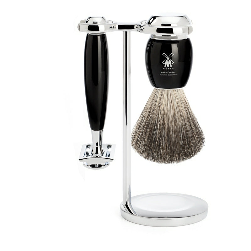 Shaving set with DE razor, Shaving Brush and Holder, Vivo, Black Resin