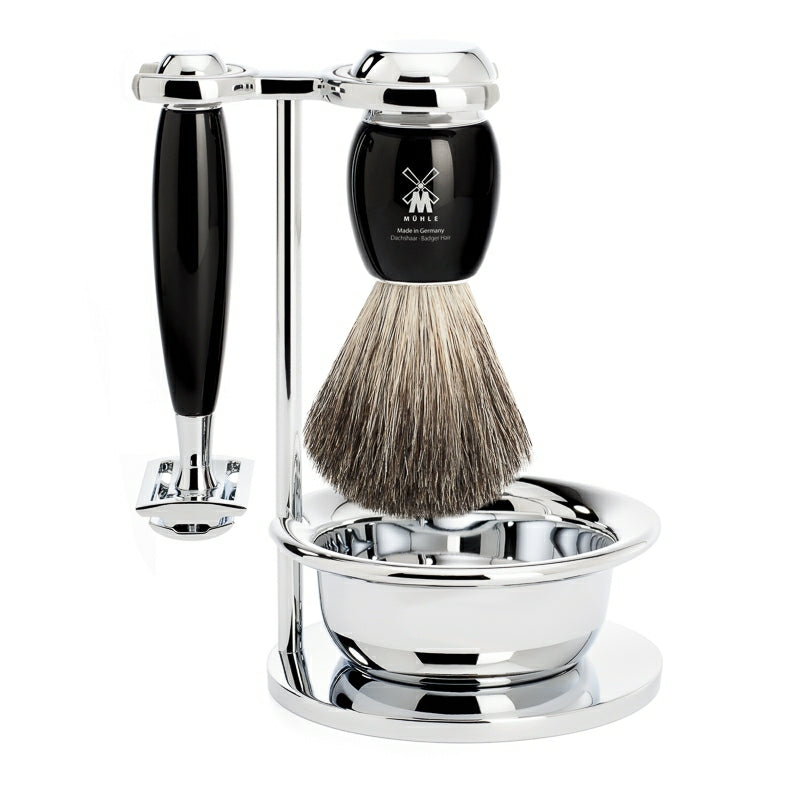 Shaving set with DE razor, Shaving Brush, Holder and Bowl, Vivo, Black Resin