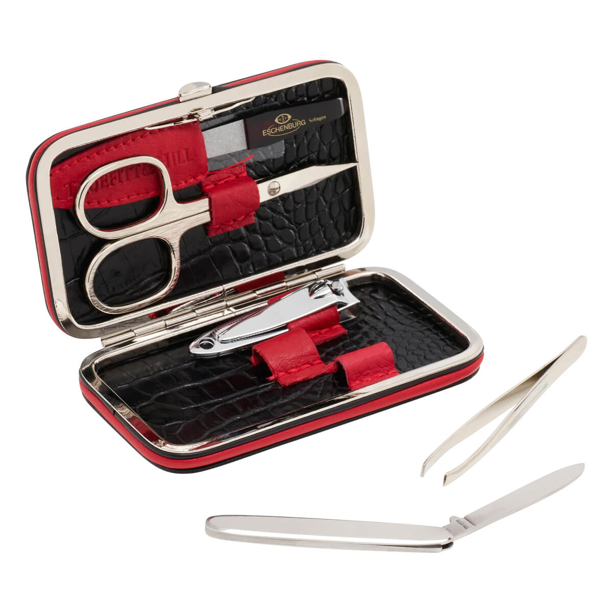 Manicure set, 5 pieces, Faux Croc, Black & Red